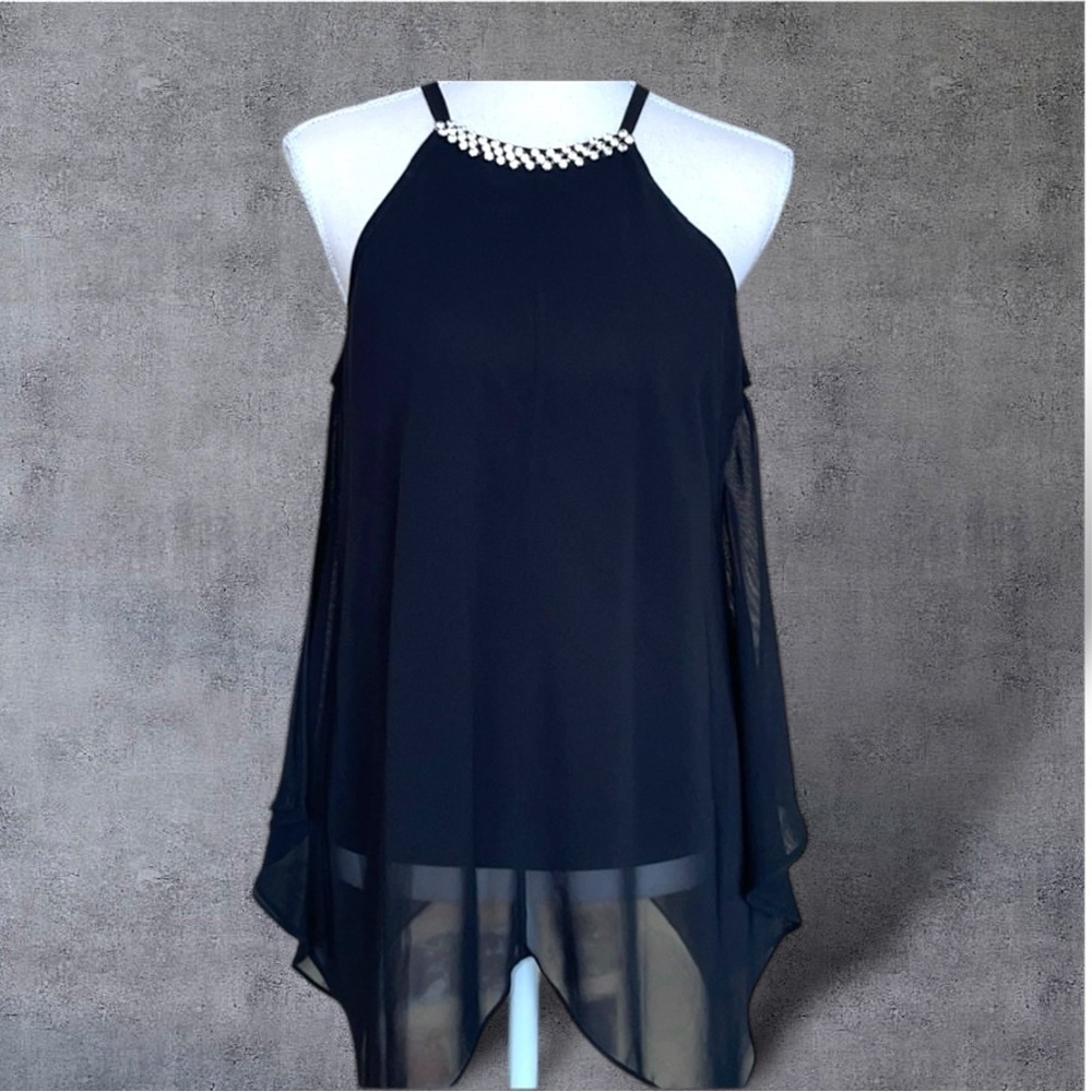 MSK Chiffon Overlay Rhinestone Neckline Halter Cami Top Asymmetric Hem Ethereal